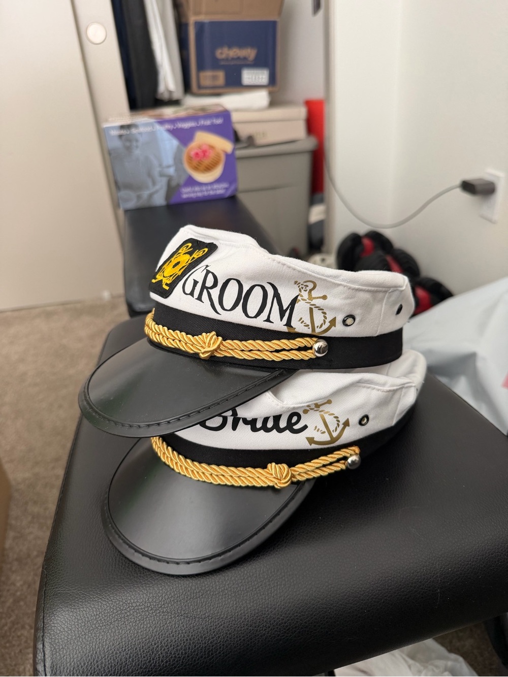 Groom & Bride White Nautical Captain Hats with Gold Trim - Unbranded